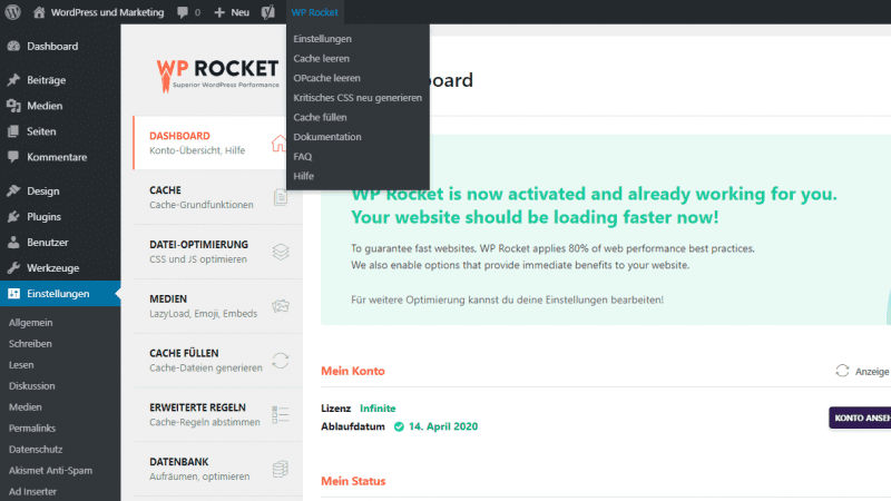 WP Rocket Admin - easily accessible from the admin bar