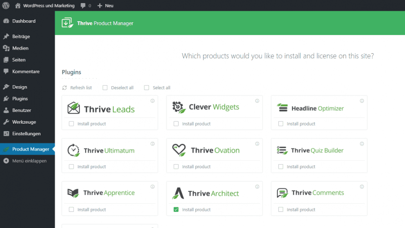 Install Thrive Architect in the Product Manager.
