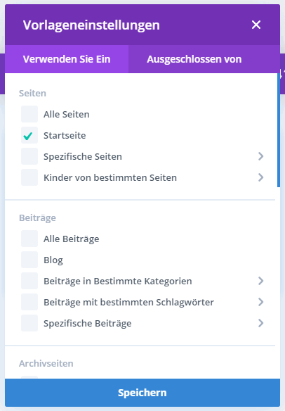 Theme Builder settings where the template should be active.