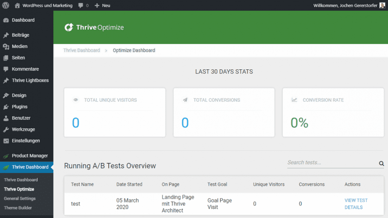 Thrive Optimize Dashboard with statistics