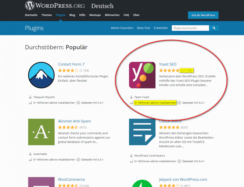 Yoast SEO in the WordPress plugin directory right on the second place.