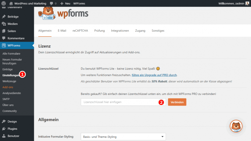 WPForms Lizenzschlüssel aktivieren