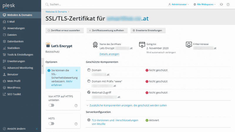 Let's Encrypt SSL-Zertifikal in Plesk erstellen