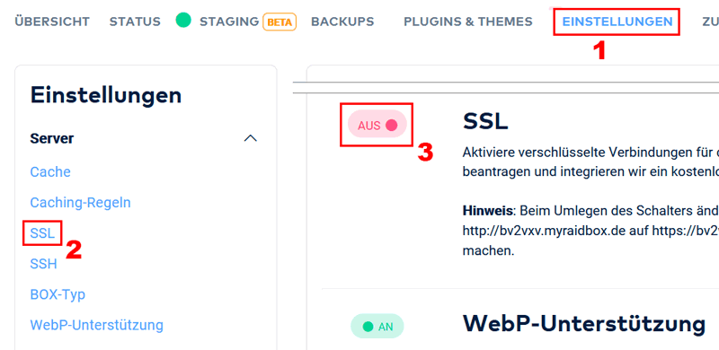 SSL für die Box deaktivieren