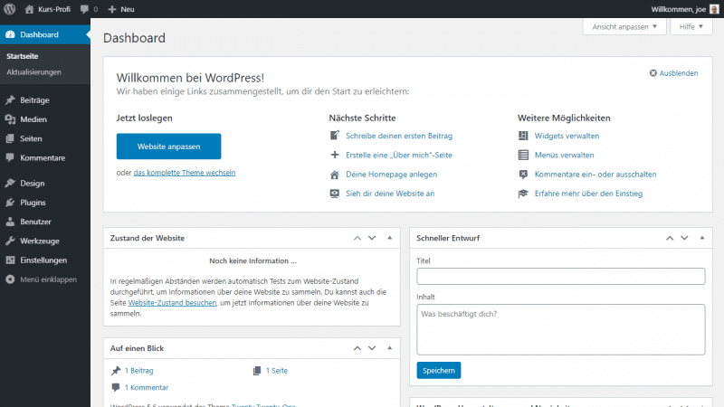 Das WordPress Dashboard nach der Installation