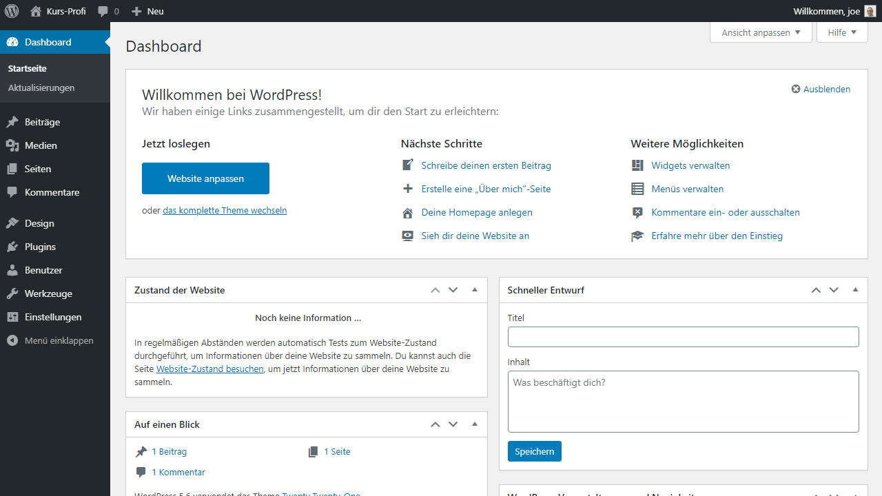 Das WordPress Dashboard direkt nach der Installation durch Raidboxes.