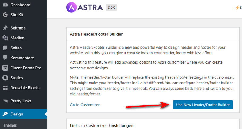Astra Header/Footer Builder aktivieren