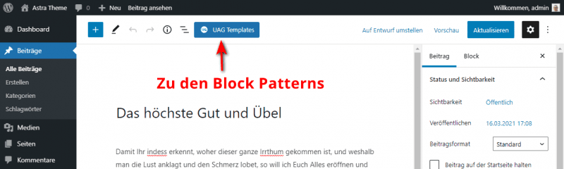 Die Block-Patterns im WordPress-Editor öffnen