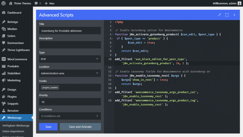 Code Snippets mit Advanced Scripts nutzen.