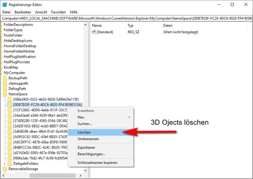 Windows 10 Explorer 3D Objects Verknüpfung löschen