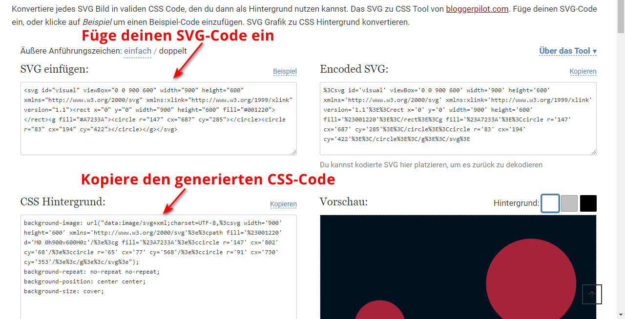 Das SVG zu CSS Tool in Aktion. Der fertig generierte CSS Hintertgrund.