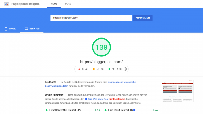PageSpeed Insights Wert von 100