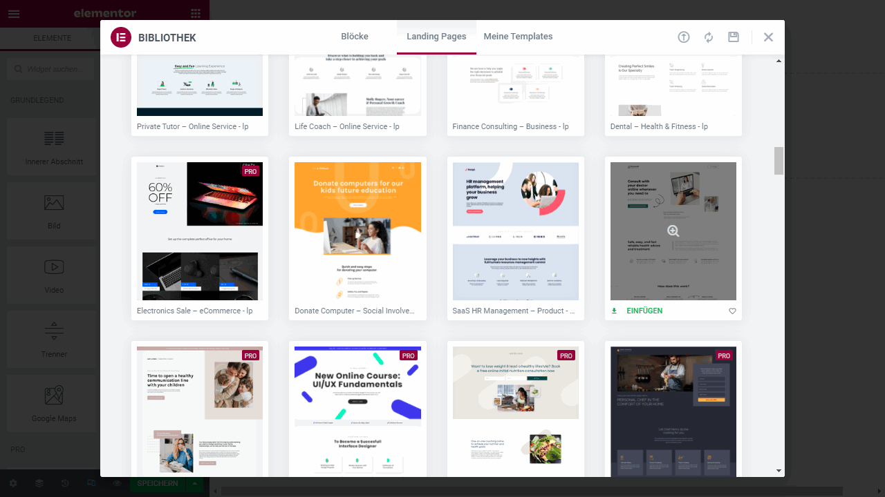 The selection of ready-made landing page templates. Most of them are for Pro, unfortunately.