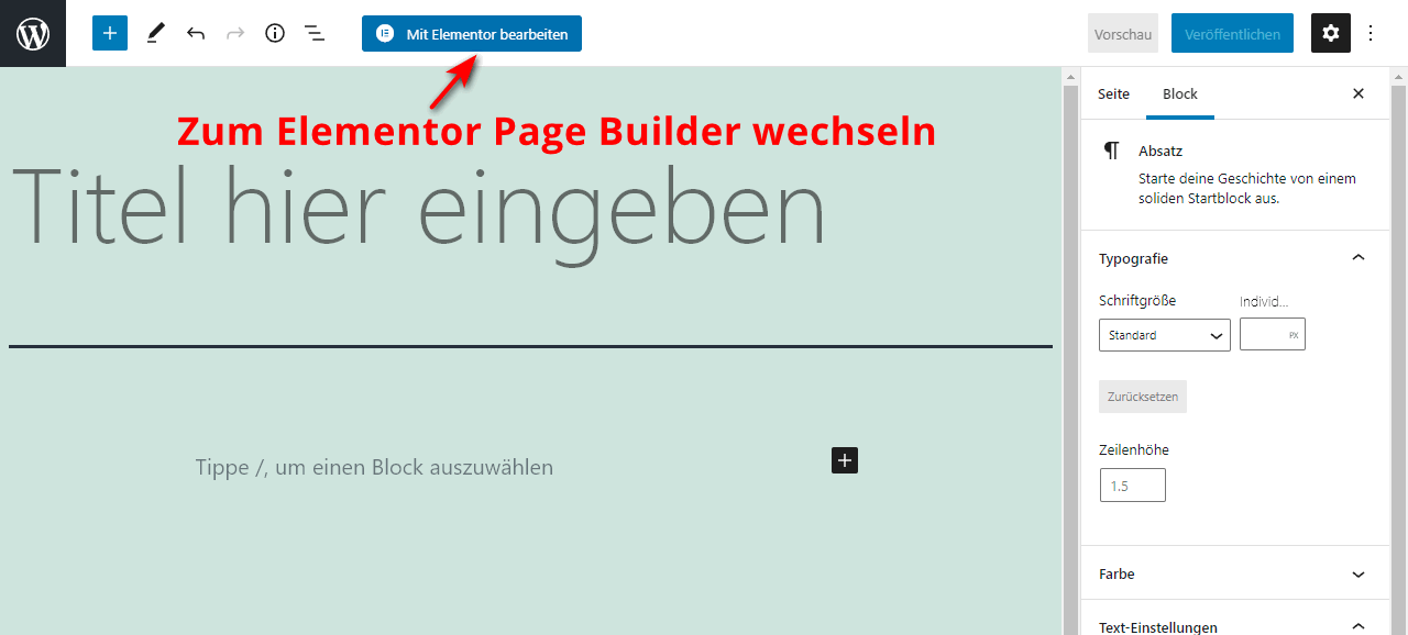 Zum Elementor Page-Builder wechseln.