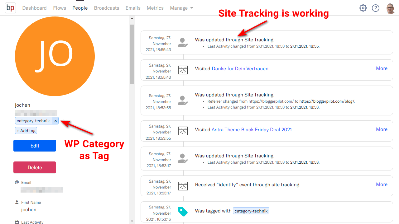 Encharge with the WordPress category as tag and site tracking for subscribers active.