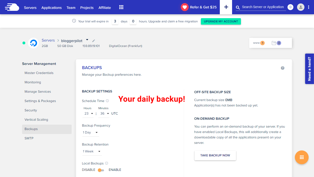 Free backup from Cloudways