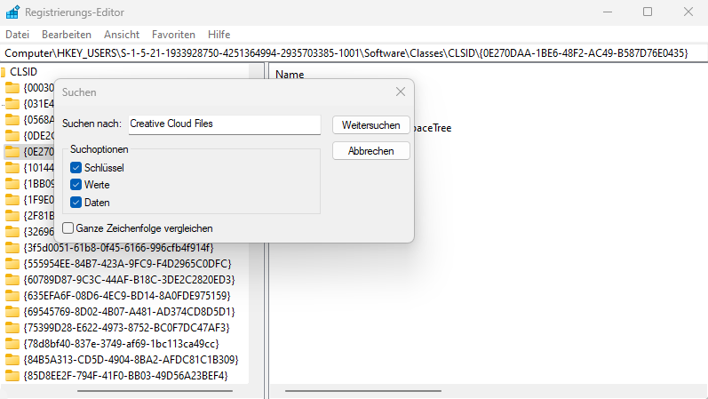 Suche nach "Adobe Creative Cloud" in RegEdit.