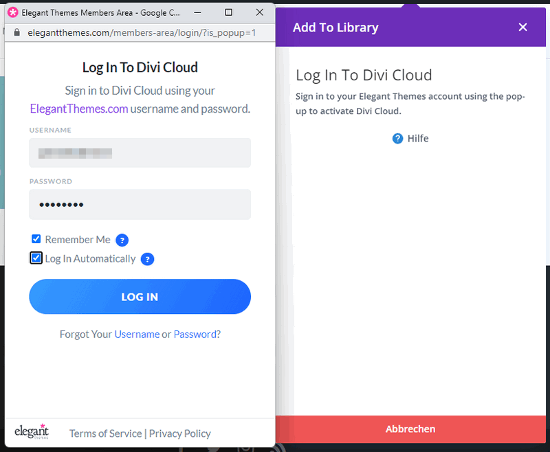 Beachte das Popup, um dich in deine Elegant Themes Account einzuloggen.