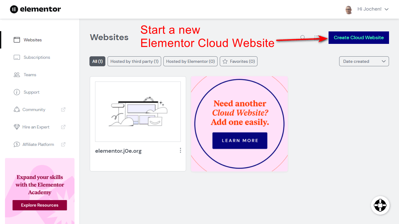 In https://my.elementor.com/websites/ you can create more Cloud websites.