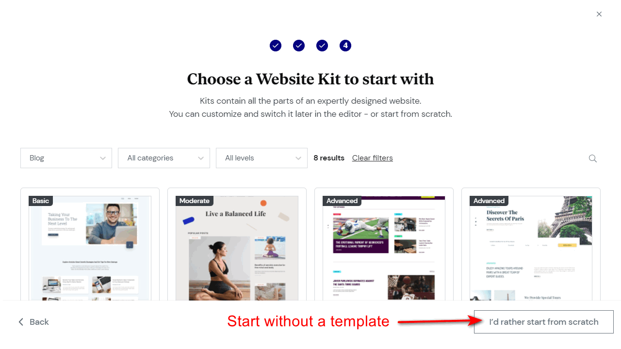 Choose a site kit for your new website.