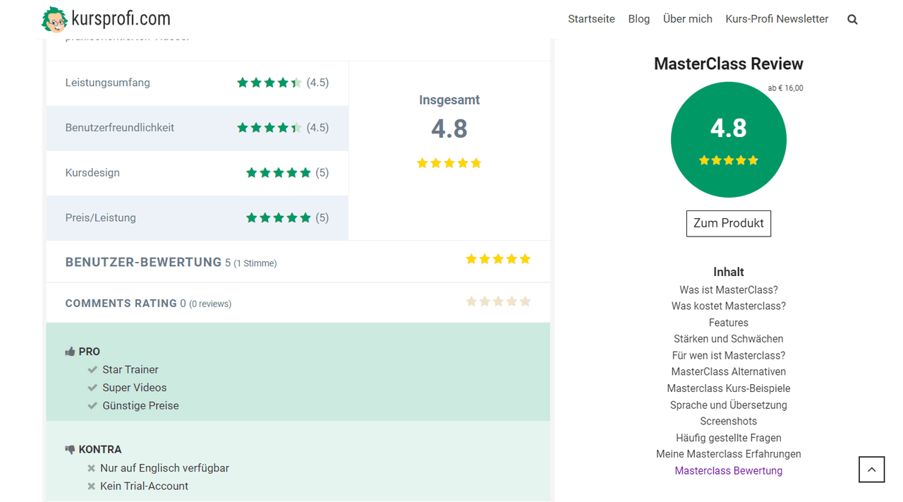 Screenshot eines Reviews auf kursprofi.com