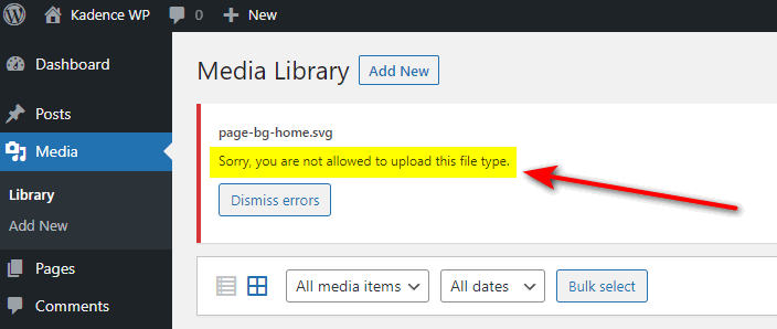 WordPress SVG Upload Error.
