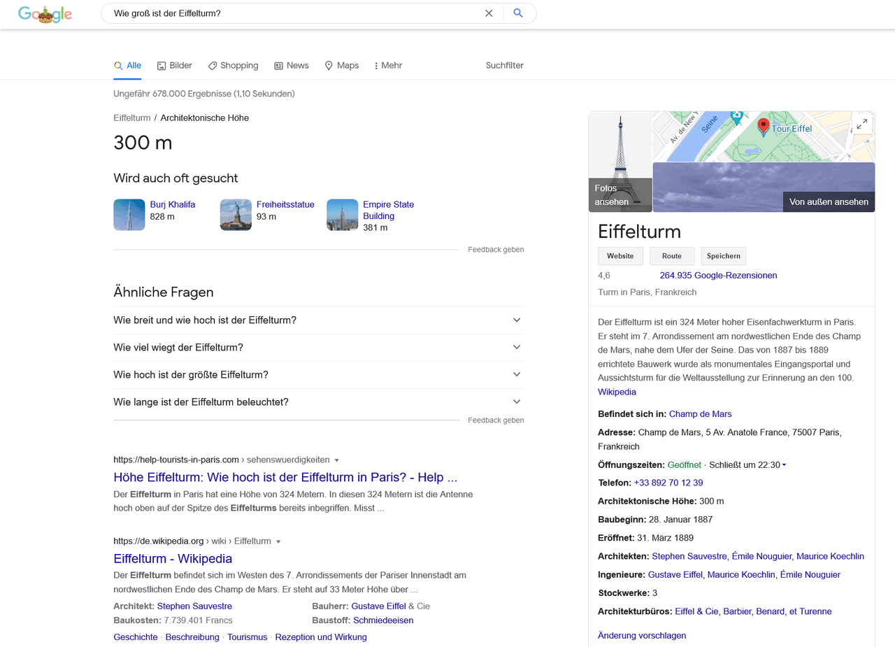 Typical example of a Know Simple search query, which Google answers directly in the search results 