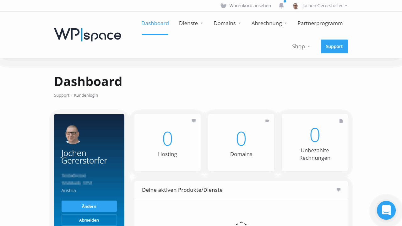 Dein WPspace Dashboard ohne Produkt und Domain.