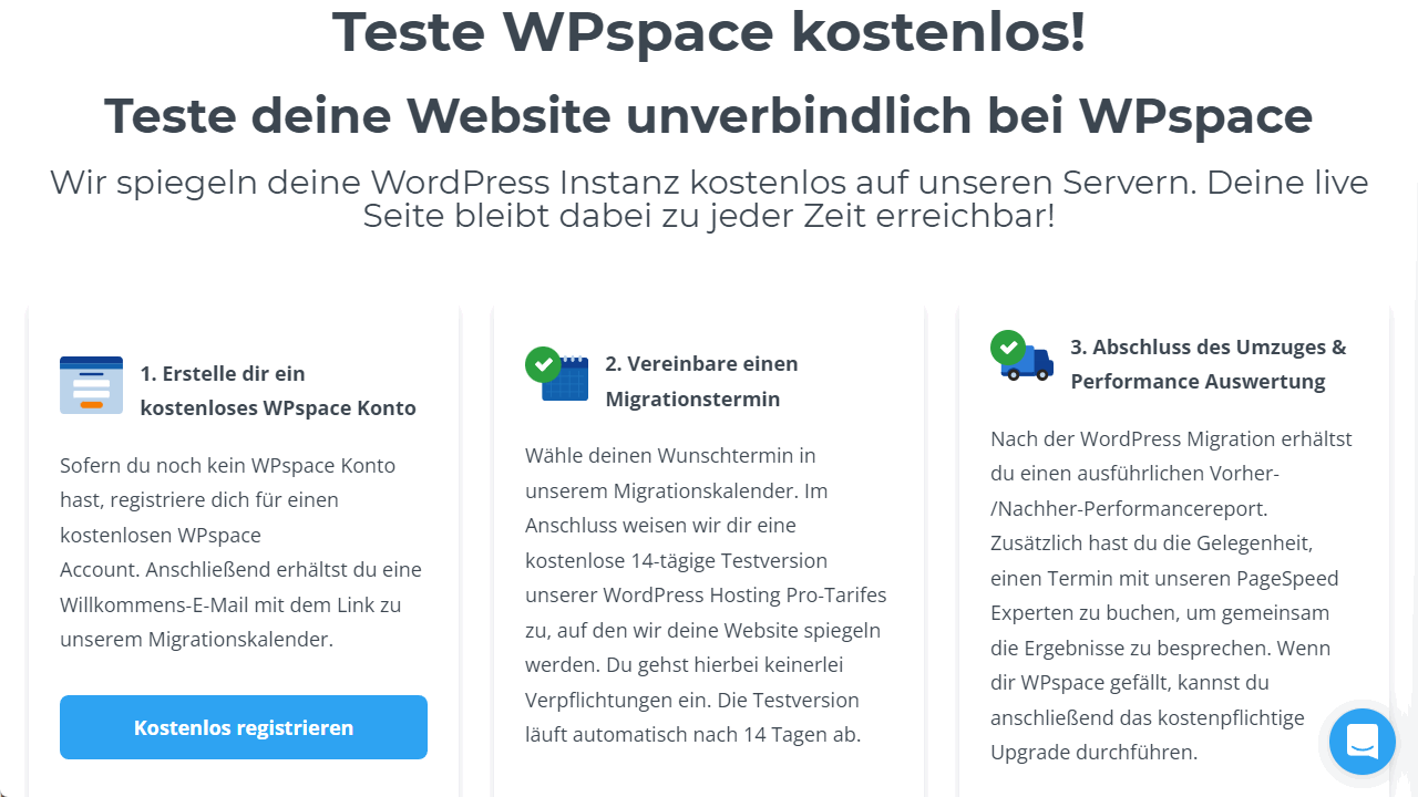 WPspace 14 Tage kostenlos testen, mit Migrationsservice.