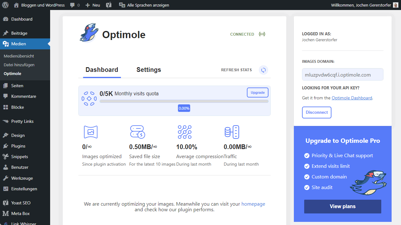 The Optimole Dashboard in WordPress.