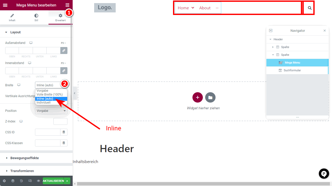 Setzte das Menü auf "Inline", damit es neben dem Such-Icon steht.