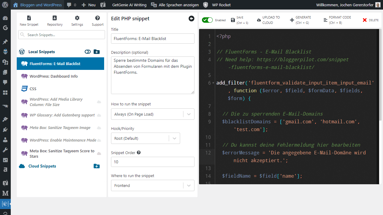 Das Snippet für FluentForms im WPCodeBox- Plugin.