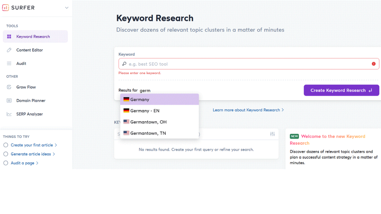 Dashboard of the keyword analysis tool by SurferSEO