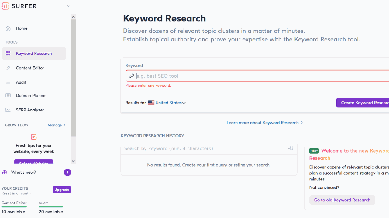 Keyword research with Surfer