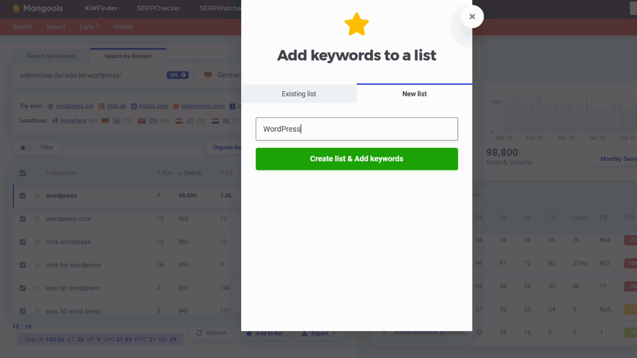 Keyword research with KWFinder: Adding keywords to a list