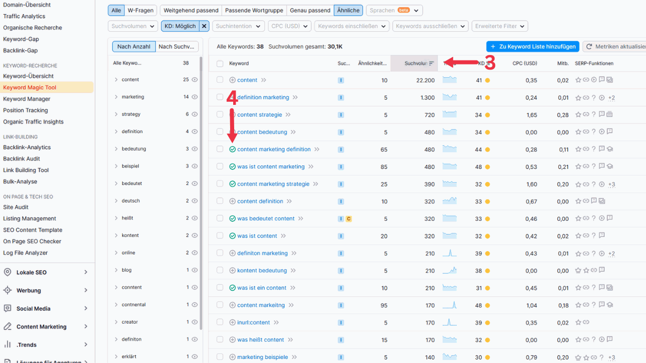 Keyword research with Semrush: exporting researched keywords