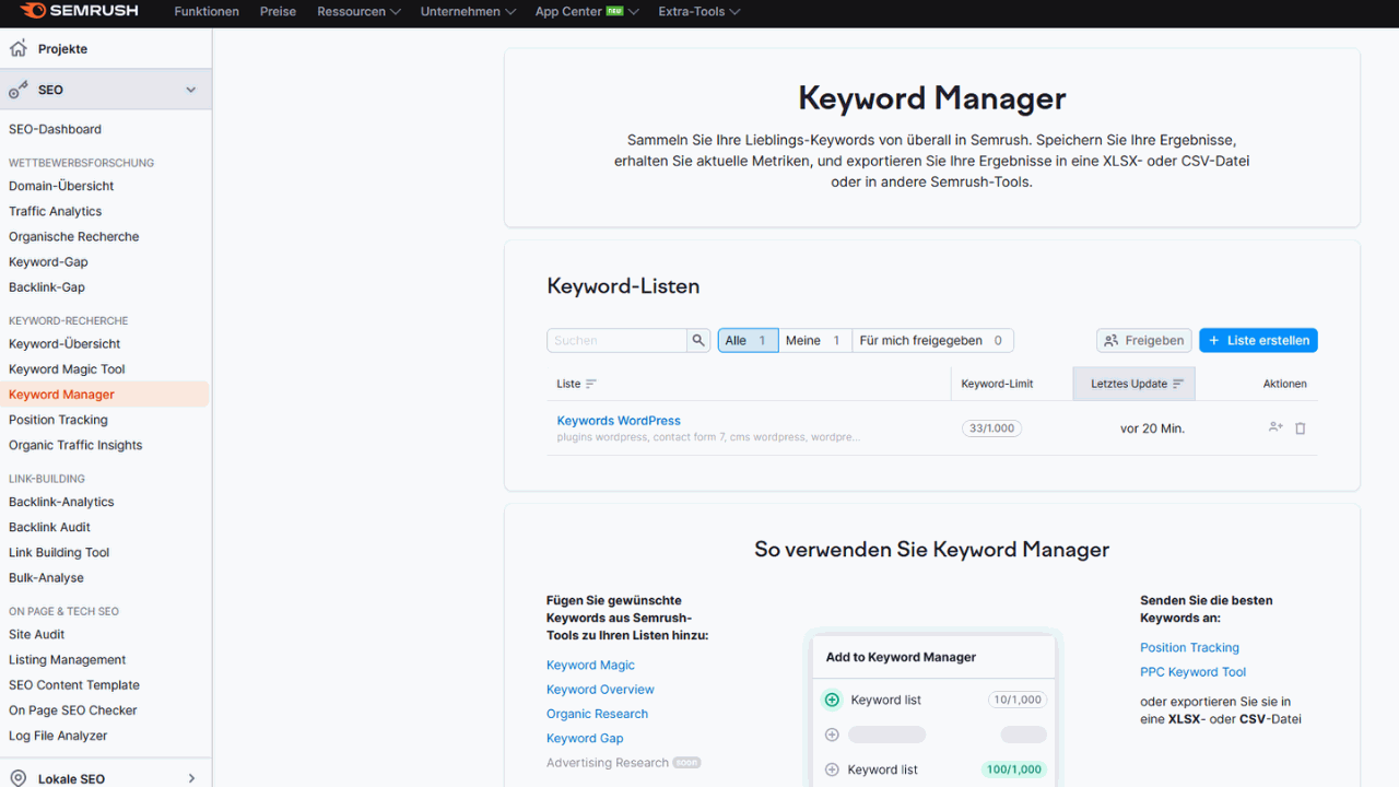 Keyword research with Semrush: Save and manage keywords
