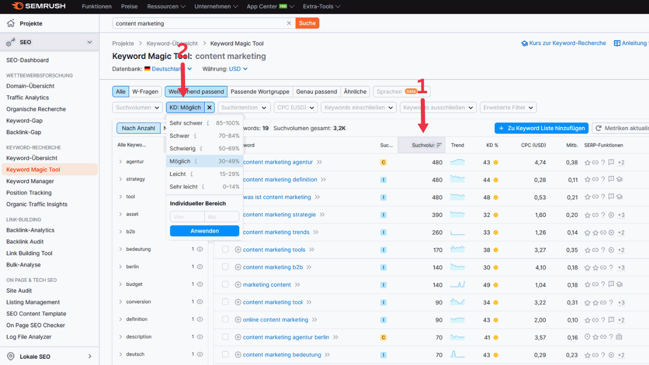Keyword research with Semrush: filter researched keywords