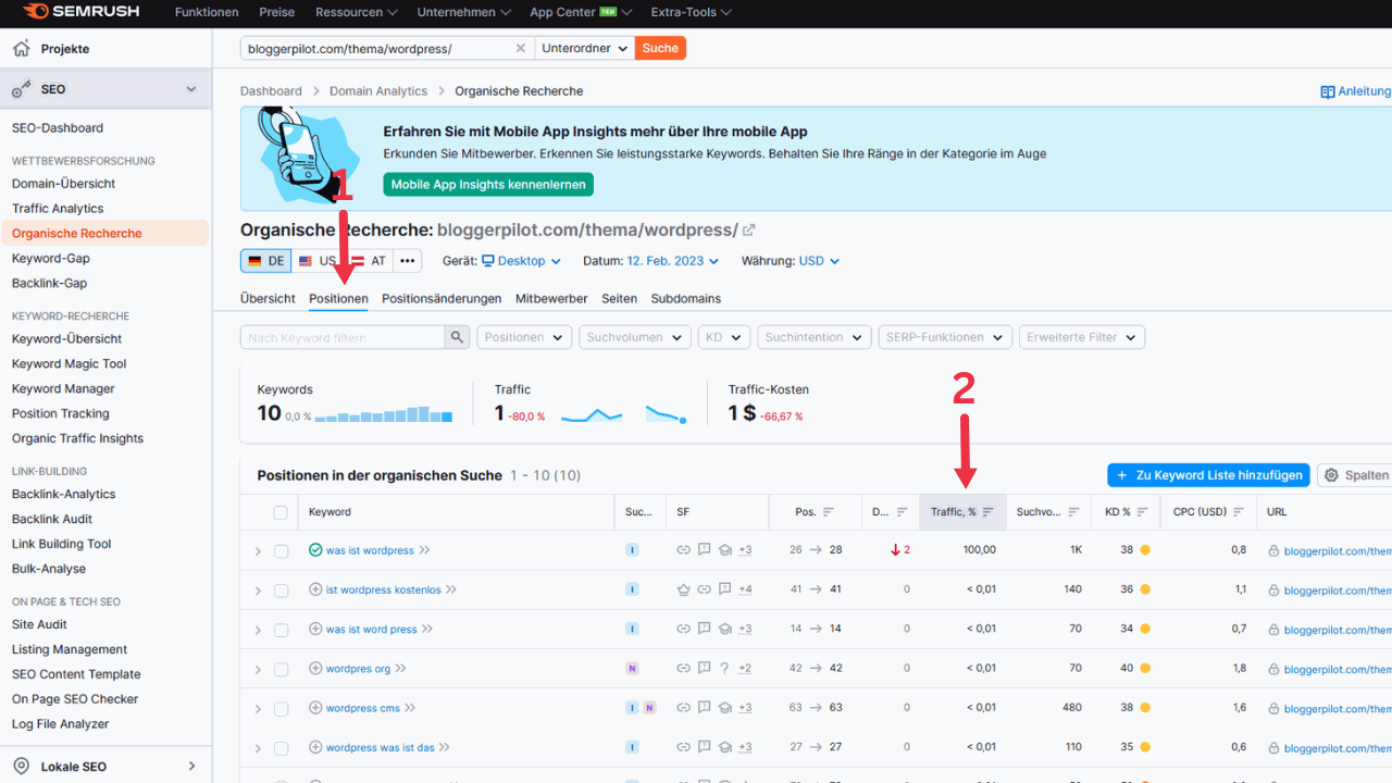 Keyword research with Semrush: find out the current ranking