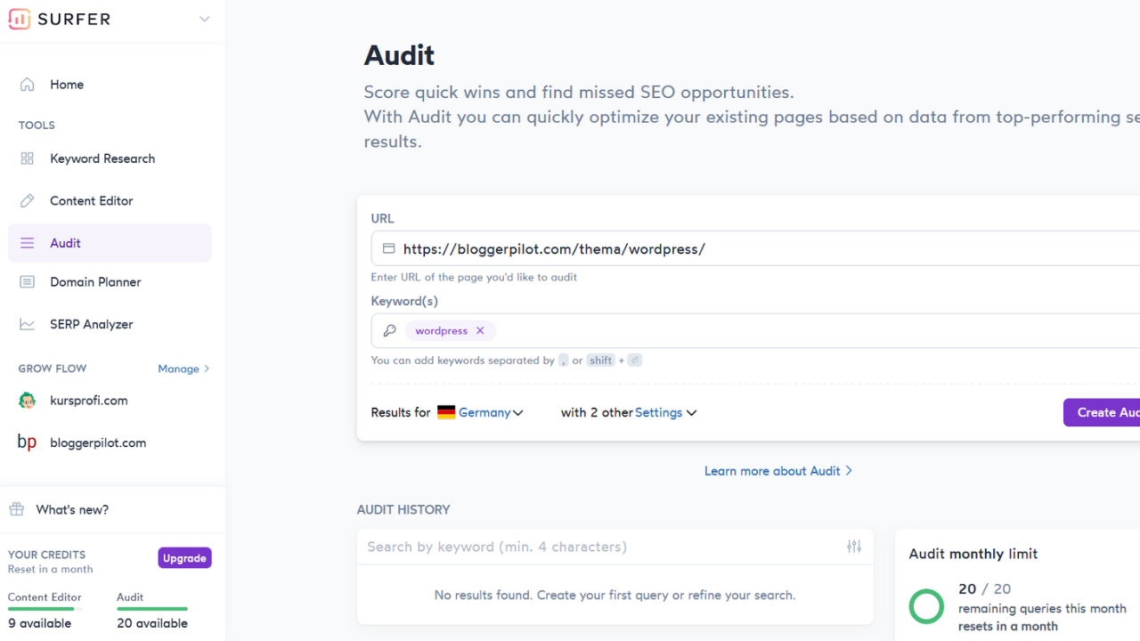 SurferSEO > Audit: Analyze domain with a keyword research tool