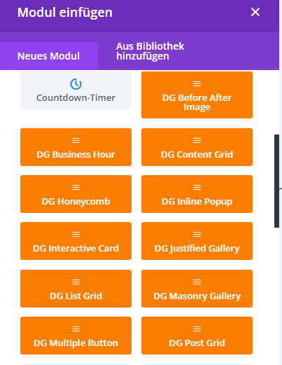 All grid modules available for selection in Divi Builder.