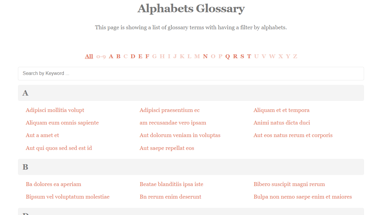 WP Glossary - Indexseite