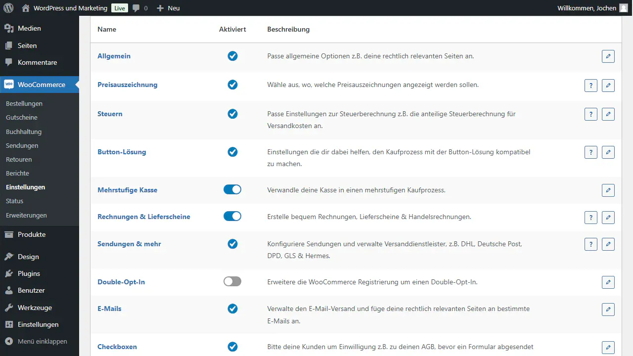 Germanized Einstellungen im WooCommerce-Menü.