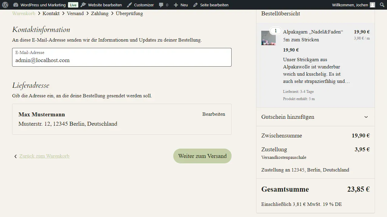 Der erste Bildschirm der mehrstufigen Kasse.